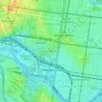 Carte topographique Yarra Park, altitude, relief