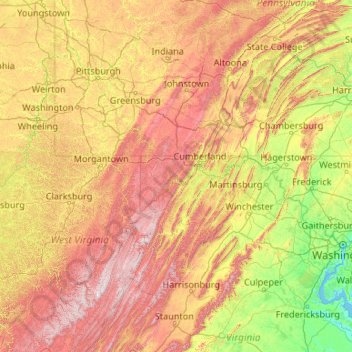 Carte topographique Allegheny Mountains, altitude, relief