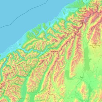 Carte topographique Southern Alps / Kā Tiritiri o te Moana, altitude, relief