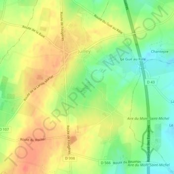 Carte topographique Zone humide, altitude, relief