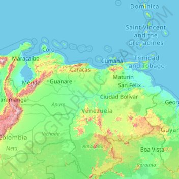 Carte topographique Venezuela, altitude, relief